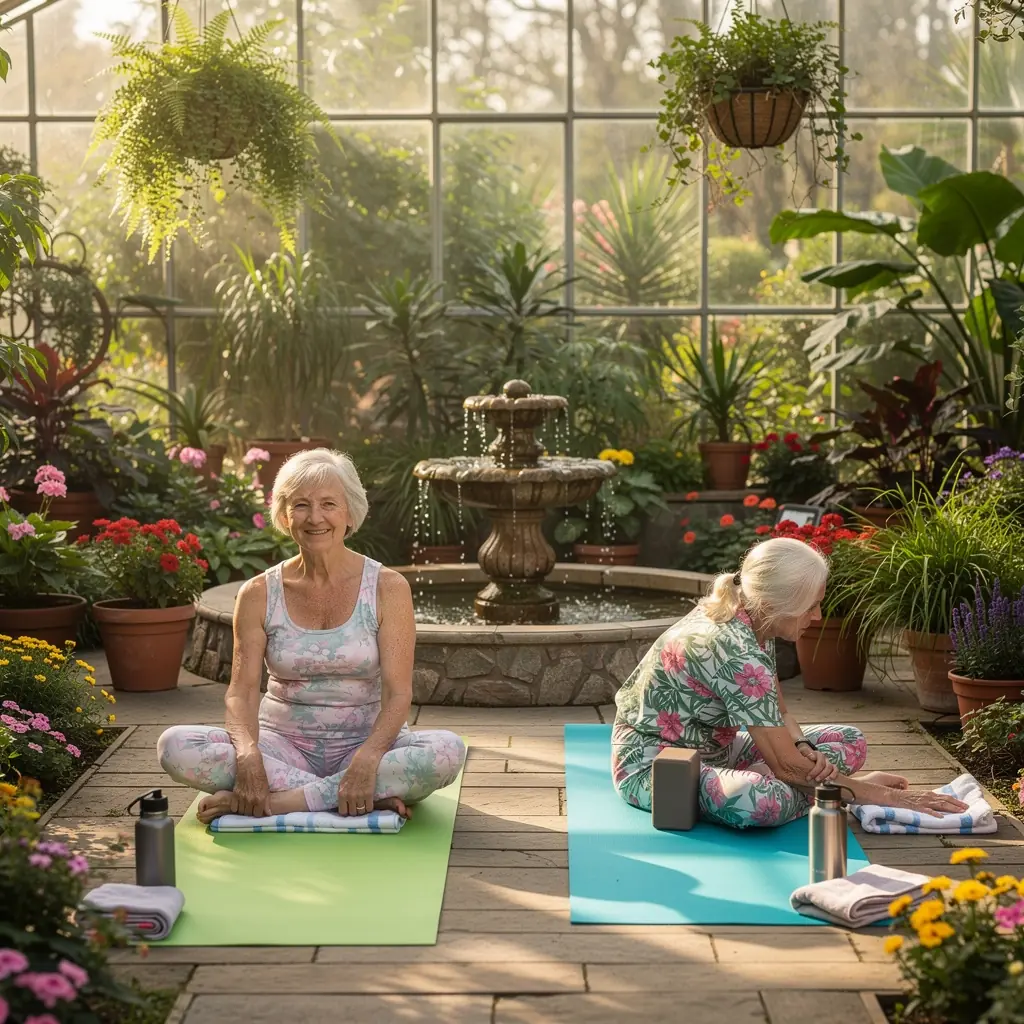 Mierīga vide jogas nodarbībai ar dabu un zaļojošiem kokiem apkārt.